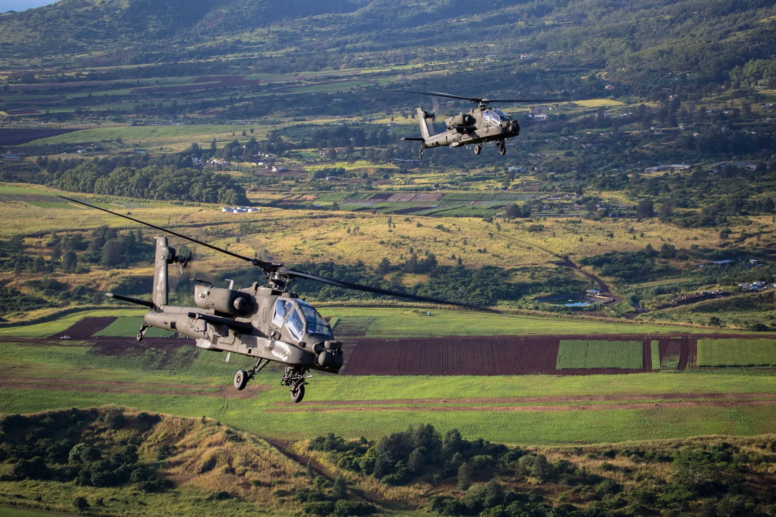 Two AH-64E Apache Guardians flying low in formation over green Hawaiian fields
