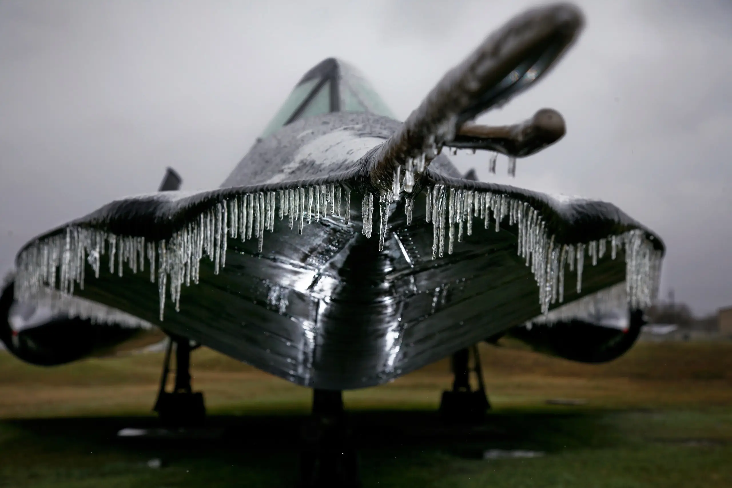 SR-71 on static display at Lackland Air Force Base, covered in ice after freezing rain